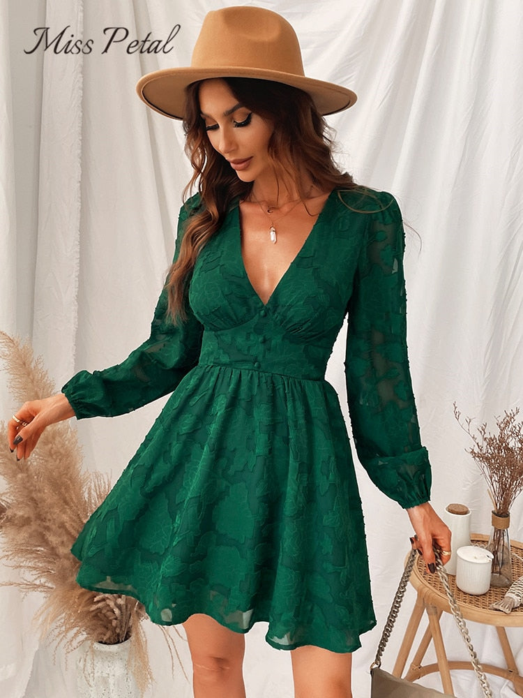 MISS PETAL Plunge A-Line Mini Dress Woman Green Sexy Long Sleeve Party Dress 2022 Spring Autumn Female Sundress