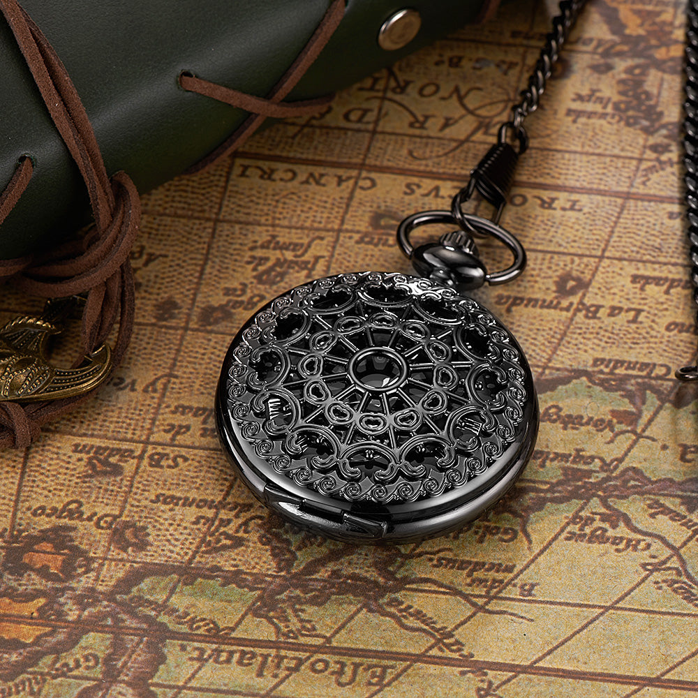 Ouyawei 2017 Mechanical Moon Phase Pocket Watches Retro Black Skeleton Dial Men Automatic Necklace Pocket Fob Watch With Chains