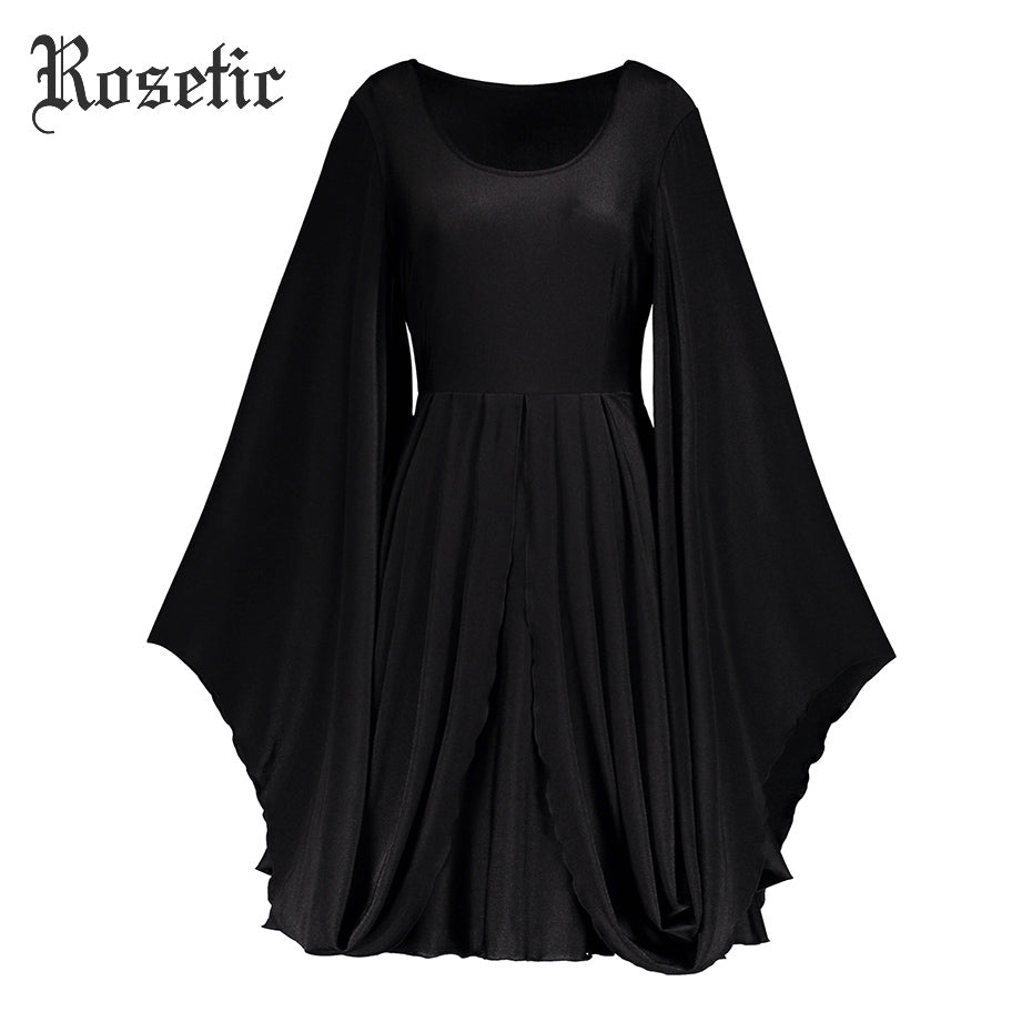 Rosetic Gothic Casual Dress Black Women Batwing Sleeve Autumn Vintage Dress A-Line Retro Young Party Darkness Fall Gothics Dress