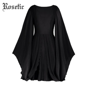 Rosetic Gothic Casual Dress Black Women Batwing Sleeve Autumn Vintage Dress A-Line Retro Young Party Darkness Fall Gothics Dress