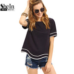 Load image into Gallery viewer, SheIn Women New Arrival Fashion Tops T-shirts Round Neck Navy Waved Print Trim Short Sleeve Casual T-shirt
