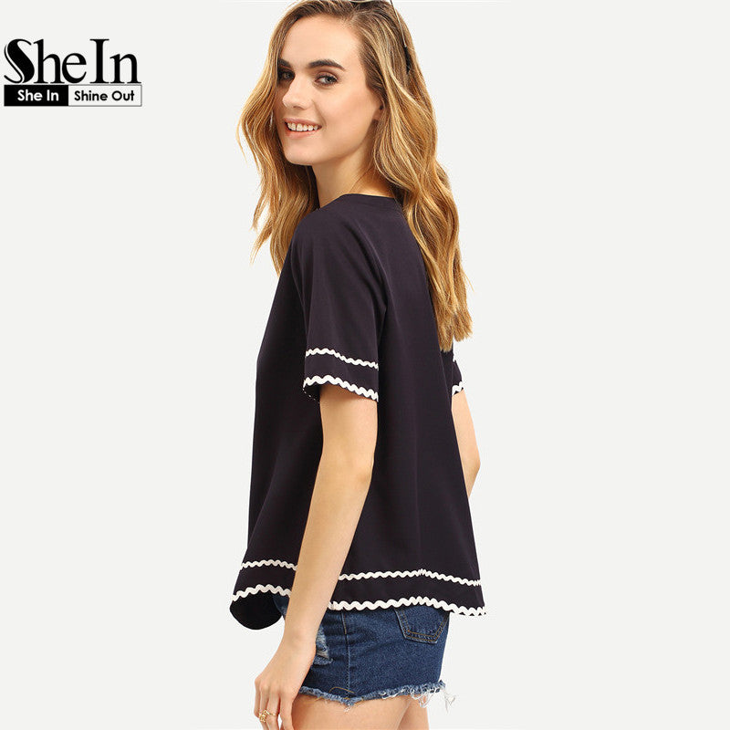 SheIn Women New Arrival Fashion Tops T-shirts Round Neck Navy Waved Print Trim Short Sleeve Casual T-shirt