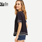 Load image into Gallery viewer, SheIn Women New Arrival Fashion Tops T-shirts Round Neck Navy Waved Print Trim Short Sleeve Casual T-shirt
