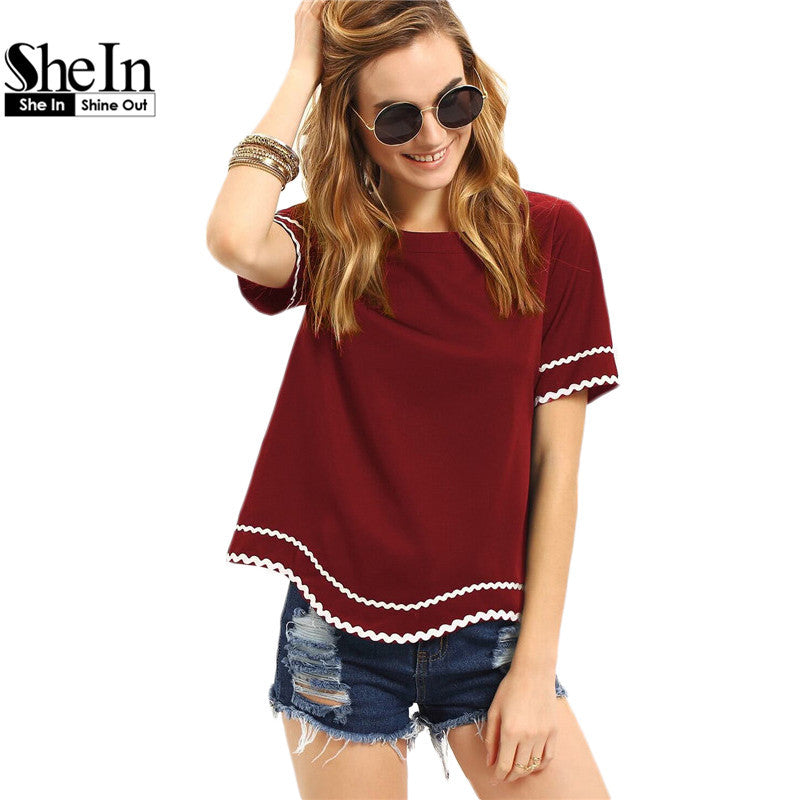 SheIn Women New Arrival Fashion Tops T-shirts Round Neck Navy Waved Print Trim Short Sleeve Casual T-shirt