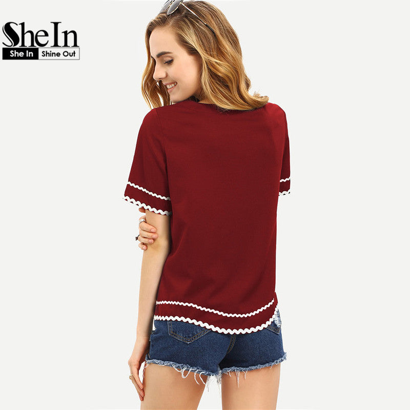 SheIn Women New Arrival Fashion Tops T-shirts Round Neck Navy Waved Print Trim Short Sleeve Casual T-shirt