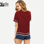 Load image into Gallery viewer, SheIn Women New Arrival Fashion Tops T-shirts Round Neck Navy Waved Print Trim Short Sleeve Casual T-shirt
