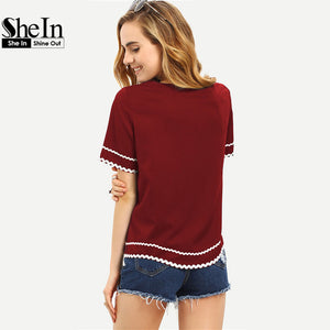 SheIn Women New Arrival Fashion Tops T-shirts Round Neck Navy Waved Print Trim Short Sleeve Casual T-shirt