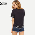 Load image into Gallery viewer, SheIn Women New Arrival Fashion Tops T-shirts Round Neck Navy Waved Print Trim Short Sleeve Casual T-shirt
