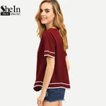 Load image into Gallery viewer, SheIn Women New Arrival Fashion Tops T-shirts Round Neck Navy Waved Print Trim Short Sleeve Casual T-shirt
