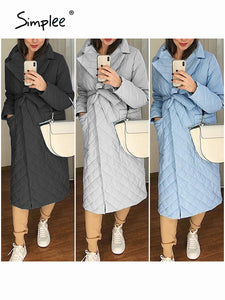 Simplee Long straight winter coat with rhombus pattern Casual sashes women parkas Deep pockets tailored collar stylish outerwear|Parkas|