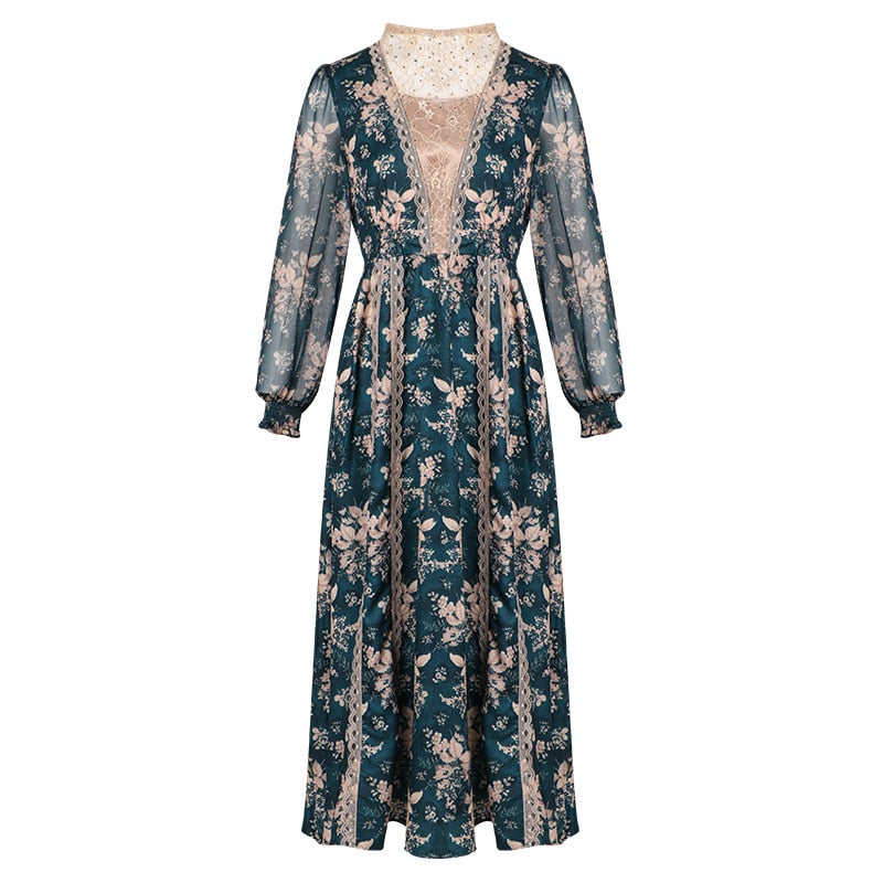 Temperament dress 2020 spring new palace bubble sleeve lace splicing medium long sleeve O Neck collar Dress|Dresses|