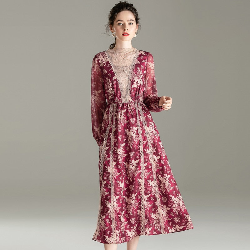 Temperament dress 2020 spring new palace bubble sleeve lace splicing medium long sleeve O Neck collar Dress|Dresses|