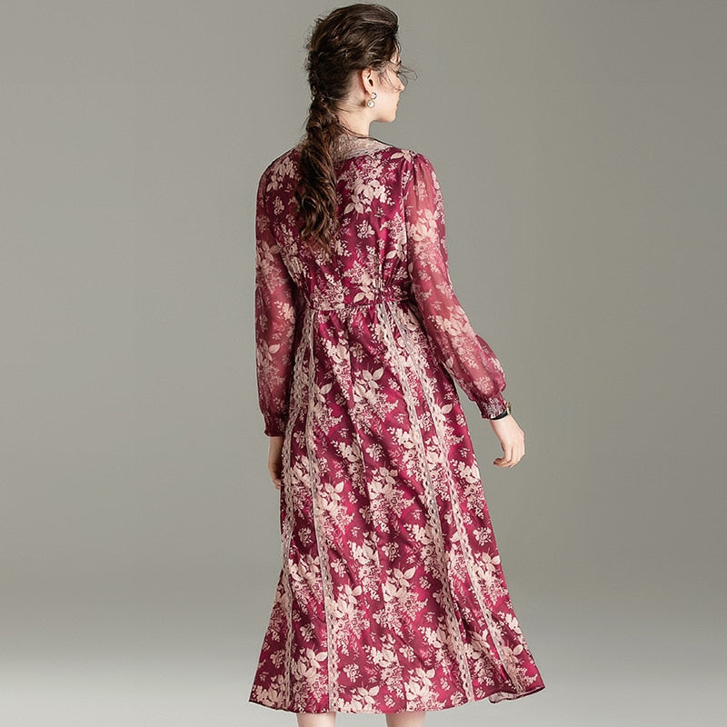 Temperament dress 2020 spring new palace bubble sleeve lace splicing medium long sleeve O Neck collar Dress|Dresses|