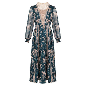 Temperament dress 2020 spring new palace bubble sleeve lace splicing medium long sleeve O Neck collar Dress|Dresses|