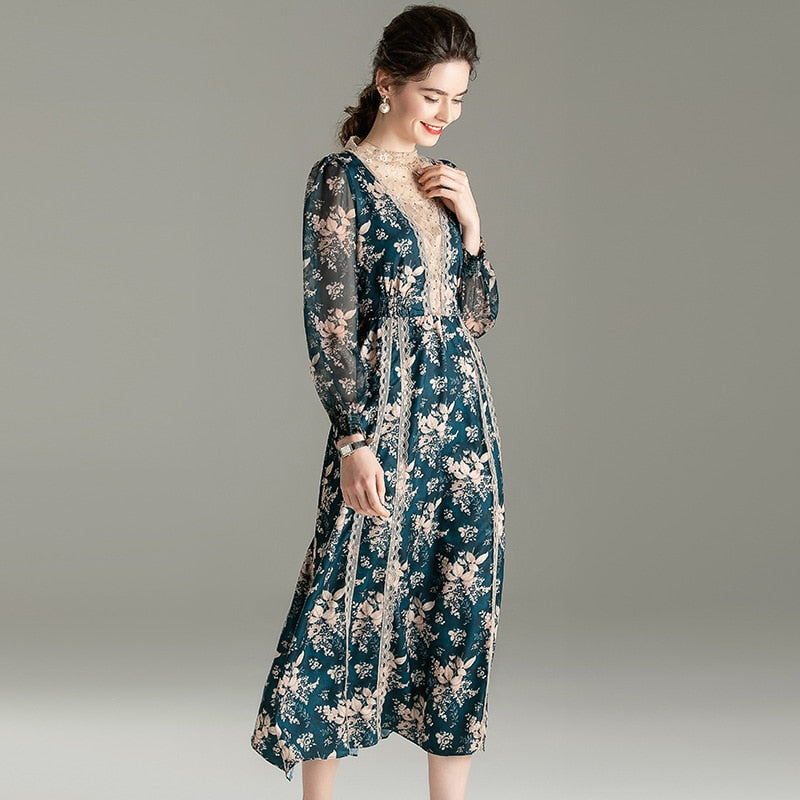 Temperament dress 2020 spring new palace bubble sleeve lace splicing medium long sleeve O Neck collar Dress|Dresses|