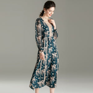 Temperament dress 2020 spring new palace bubble sleeve lace splicing medium long sleeve O Neck collar Dress|Dresses|