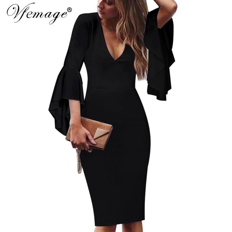 Vfemage Womens Sexy Deep V-neck Flare Bell Long Sleeves Elegant Work Business Casual Party Slim Sheath Bodycon Pencil Dress 7925