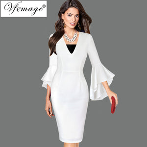 Vfemage Womens Sexy Deep V-neck Flare Bell Long Sleeves Elegant Work Business Casual Party Slim Sheath Bodycon Pencil Dress 7925