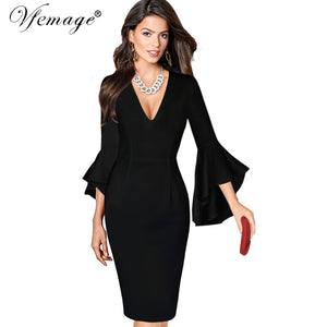 Vfemage Womens Sexy Deep V-neck Flare Bell Long Sleeves Elegant Work Business Casual Party Slim Sheath Bodycon Pencil Dress 7925