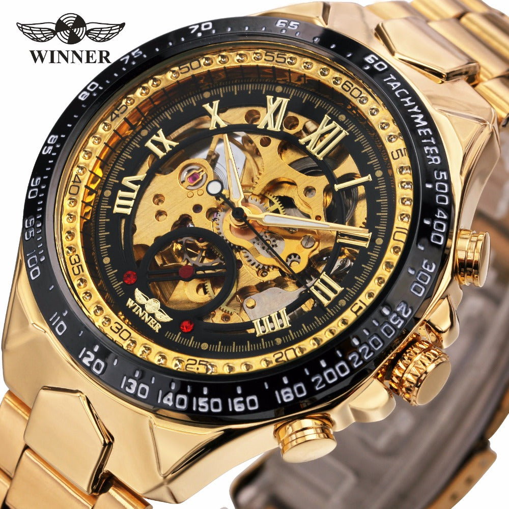 WINNER golden watches men sports military skeleton wristwatches automatic wind mechanical watches steel strap relogio masculino