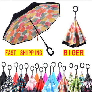 Windproof Reverse Folding Double Layer inverted car Umbrella Self Stand upside down women's rain umbrella c handle drop shipping