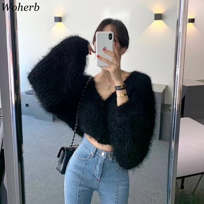 Woherb Sexy Short Cardigan Women Knitted Fluffy Mohair V-neck Sweater Coat 2022 Elegant Crop Long Sleeve Autumn Thin Korean Chic - Cardigan