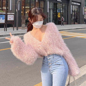 Woherb Sexy Short Cardigan Women Knitted Fluffy Mohair V-neck Sweater Coat 2022 Elegant Crop Long Sleeve Autumn Thin Korean Chic - Cardigan