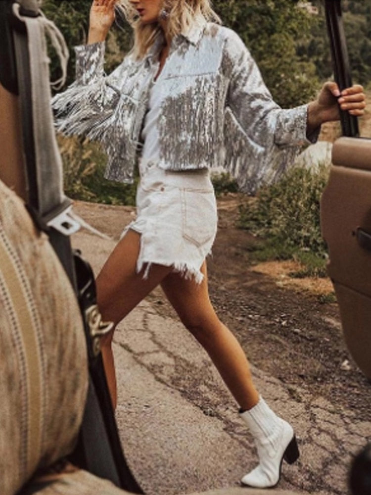 Women Jacket Spring 2022 Tassel Sequin Jacket Fashion Fringed Retro Long-sleeved Silver Reflective Jacket Women Outwear Tops