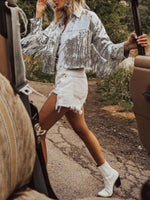 Load image into Gallery viewer, Women Jacket Spring 2022 Tassel Sequin Jacket Fashion Fringed Retro Long-sleeved Silver Reflective Jacket Women Outwear Tops
