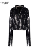 Load image into Gallery viewer, Women Jacket Spring 2022 Tassel Sequin Jacket Fashion Fringed Retro Long-sleeved Silver Reflective Jacket Women Outwear Tops
