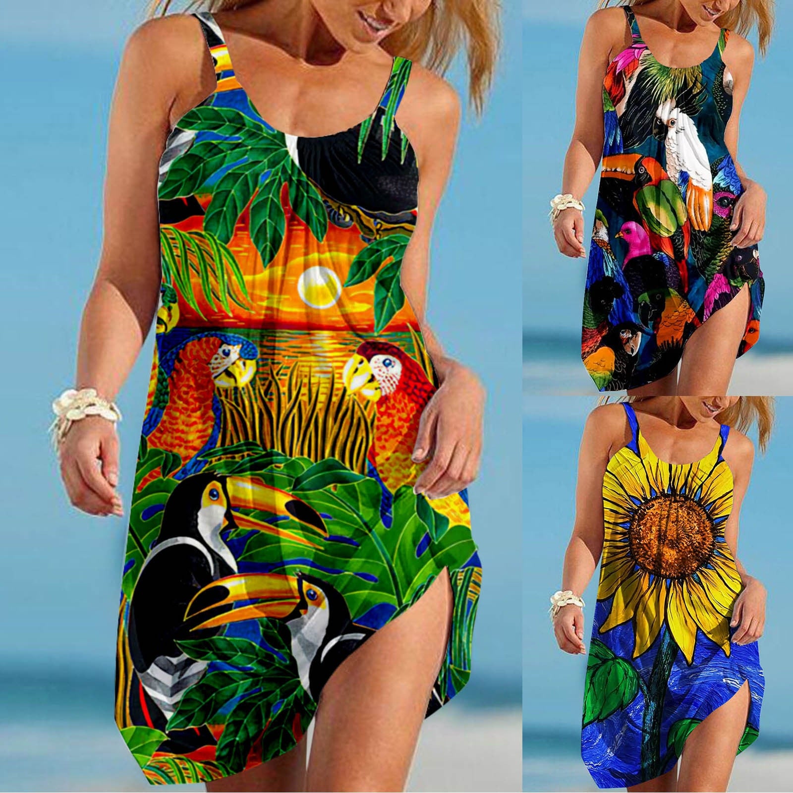 Women&#39;S Parrot Print Summer Beach Dress Fashion Sexy Sleeveless Cute Cartoon Print Hem Loose Beach Camisole Mini Dress Holiday|Dresses|