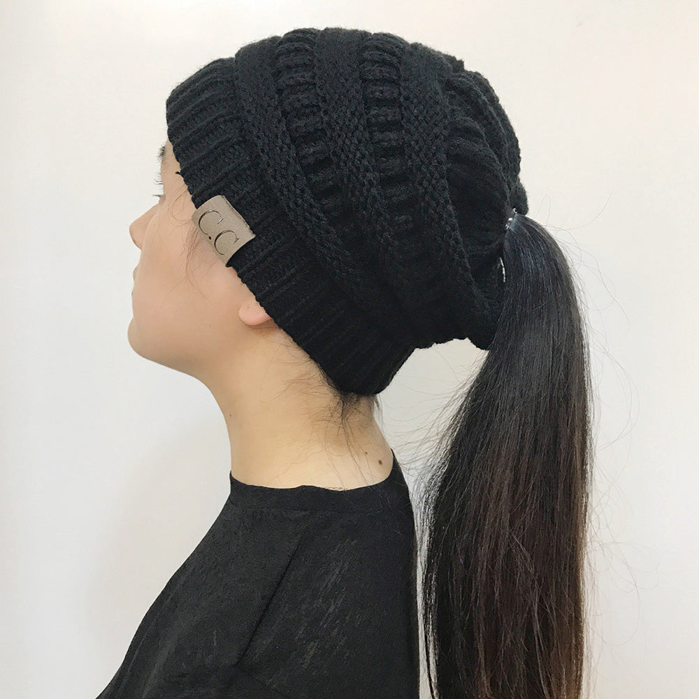 Women's Girl Stretch Knit Hat Messy Bun Ponytail Beanie Holey Warm Hats Winter