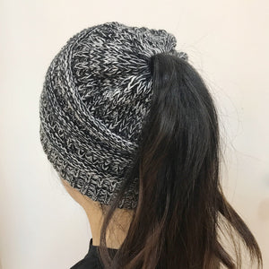 Women's Girl Stretch Knit Hat Messy Bun Ponytail Beanie Holey Warm Hats Winter