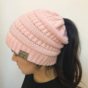 Women's Girl Stretch Knit Hat Messy Bun Ponytail Beanie Holey Warm Hats Winter