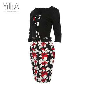 Yilia New Women One Piece Patchwork Floral Print Elegant Business Party Formal Office Plus Size Bodycon Pencil Casual Work Dress