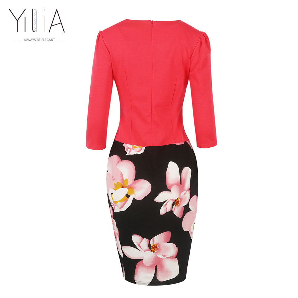 Yilia New Women One Piece Patchwork Floral Print Elegant Business Party Formal Office Plus Size Bodycon Pencil Casual Work Dress