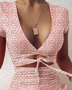 Cryptographic Floral Print Fashion Tie Up Wrap Mini Dress 2020 Summer Holiday Ruffles Sundress Ruched Women's Dress Short Sleeve|Dresses