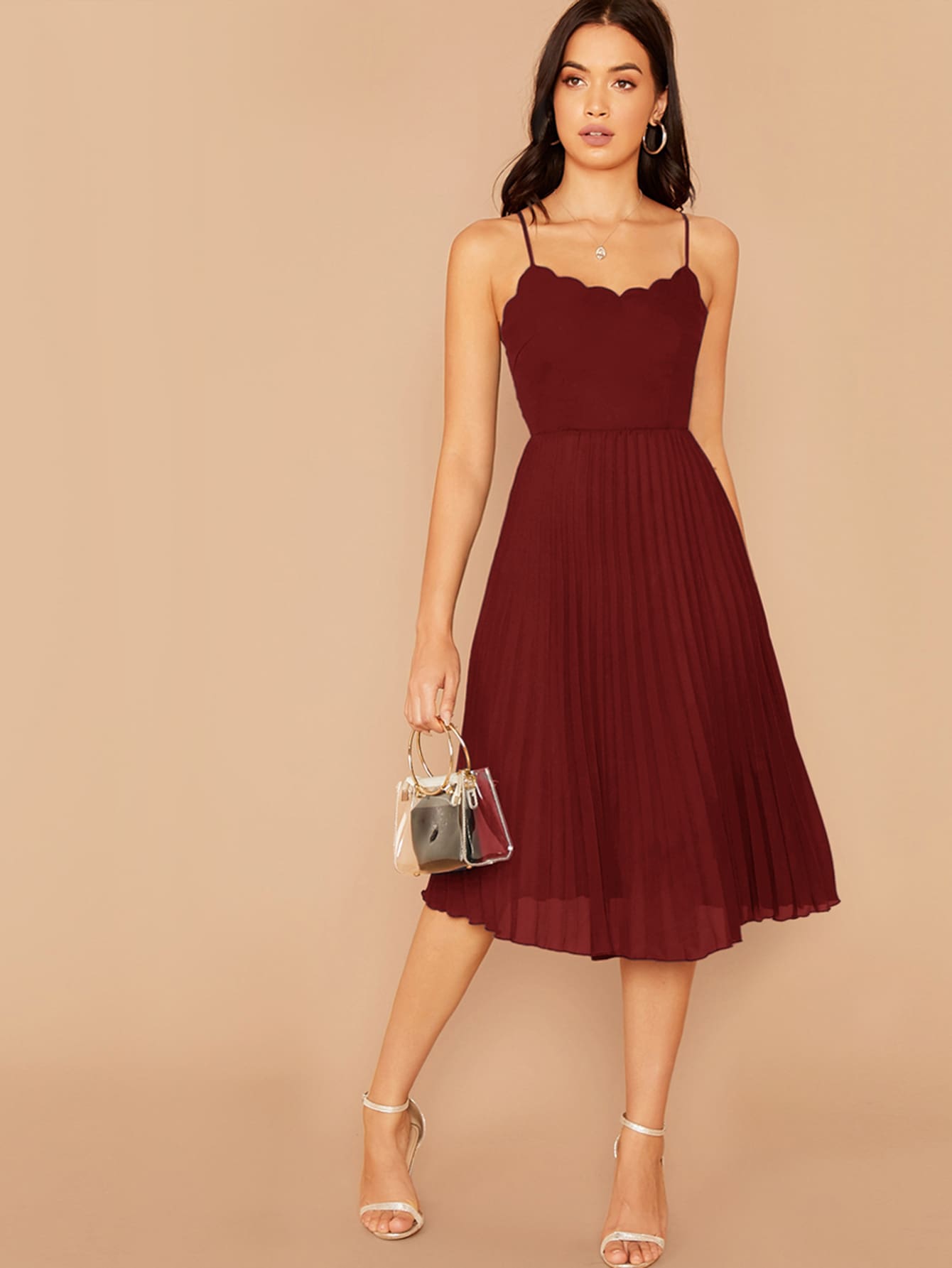  Scallop Trim Pleated Hem Cami Dress