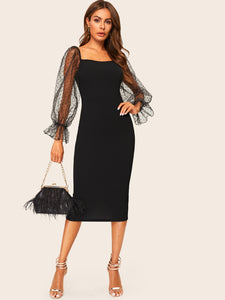  Dot Mesh Flounce Lantern Sleeve Pencil Dress