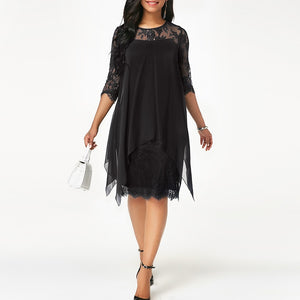 Plus Size Chiffon Dresses Women New Fashion Chiffon Overlay Three Quarter Sleeve Stitching Irregular Hem Lace Dress