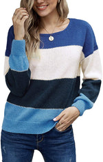 Load image into Gallery viewer, CANIKAT Women&#39;s Crewneck Color Block Striped Sweater Long Sleeve Loose Knit Pullover Jumper Tops
