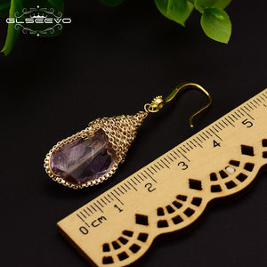 GLSEEVO Natural Ore Pink Crystal Dangle Earrings Hook Women Handmade Luxury Jewelry Boucles D'Oreilles Pour Les Femmes GE0313