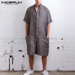 Vintage Men Rompers Pants Half Sleeve Cotton Pockets Playsuit Loose Men Cargo Overalls Jumpsuit Casual Trousers Men 2019 INCERUN