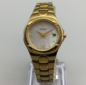 Vintage Citizen Eco-Drive Diamond Watch Women Gold Tone MOP Dial Date 6.5" a2