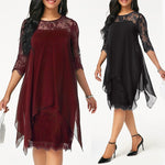 Load image into Gallery viewer, Plus Size Chiffon Dresses Women New Fashion Chiffon Overlay Three Quarter Sleeve Stitching Irregular Hem Lace Dress
