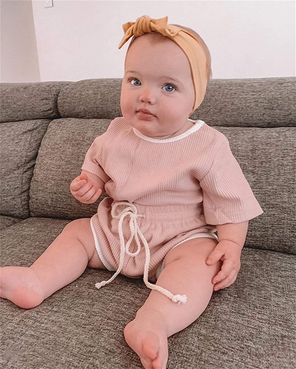 Newborn Baby Boys Girls Summer Outfits Infant Ribbed Knitted Cotton Short Sleeve T-Shirt + Shorts Two Piece Clothes Set