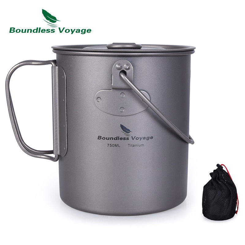 Boundess Voyage Titanium Cup Camping Hanging Pot with Folding Handle and Lid Outdoor Pot Picnic Cookware Tea Coffee Water Mug|Outdoor Tablewares|