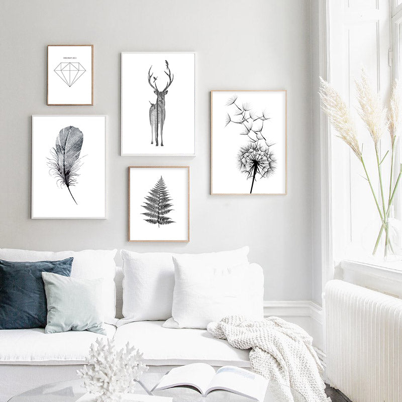 Scandinavian Poster Black White Deer Dandelion Nordic Style Wall Art Canvas Print Painting Decoration Picture Living Room Decor|Painting & Calligraphy