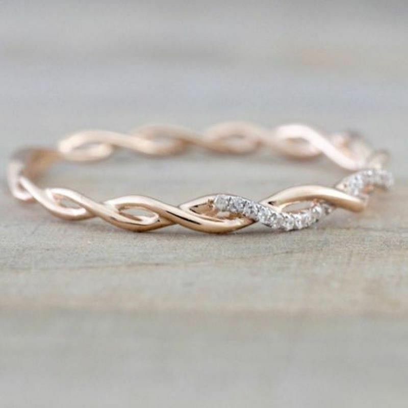 Fashion Women 14K Solid Rose Gold Stack Twisted Ring Wedding Party Women Jewelry