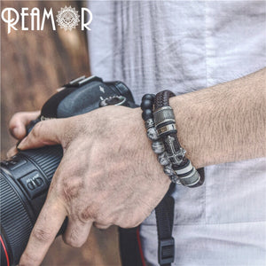 REAMOR 12mm Width Braided Leather Men Bracelets 316L Stainless Steel Cross Charms Cuff Bracelets Bangles Trendy Male Jewelry